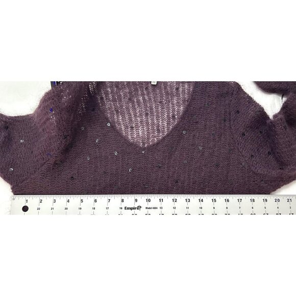 Sequin Mohair Blend Sweater Womens L Purple Fuzzy Sheer Layer Plum V Pullover - Picture 5 of 12